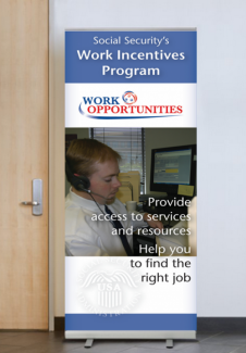 Display banner featuring an employee who is a little person working at a call center