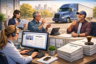 Office staff process paperwork and communicate using sign language while a commercial truck waits outside, representing administrative support for safe commercial driving.