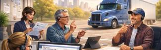 Office staff process paperwork and communicate using sign language while a commercial truck waits outside, representing administrative support for safe commercial driving.