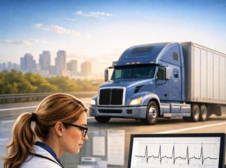 A healthcare professional reviews medical paperwork at a desk while a semi-truck drives along a highway in the background, symbolizing medical review and safe commercial driving.