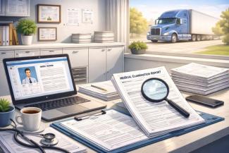 A clean office workspace with medical examination paperwork, a magnifying glass, and a laptop on a desk, with a commercial truck visible through a window, representing review and oversight of driver medical certifications.