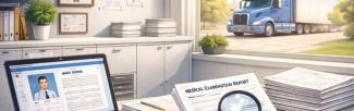 A clean office workspace with medical examination paperwork, a magnifying glass, and a laptop on a desk, with a commercial truck visible through a window, representing review and oversight of driver medical certifications.