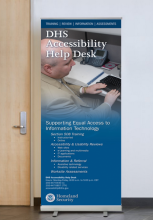 Display banner featuring a DHS employee who is blind using assistive technology and a list of services provided by the help desk