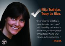 Elija Trabajar. Tracy Lo Hizo. Spanish version of the Save the Date Postcard.