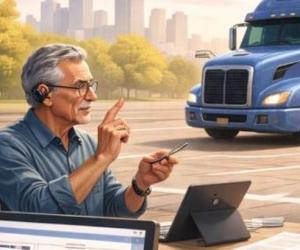 Office staff process paperwork and communicate using sign language while a commercial truck waits outside, representing administrative support for safe commercial driving.