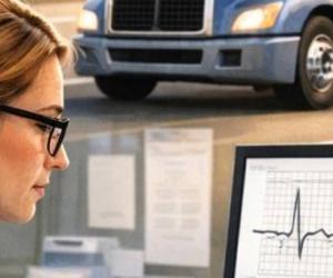 A healthcare professional reviews medical paperwork at a desk while a semi-truck drives along a highway in the background, symbolizing medical review and safe commercial driving.