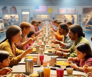 American Indian family eating in a cafeteria