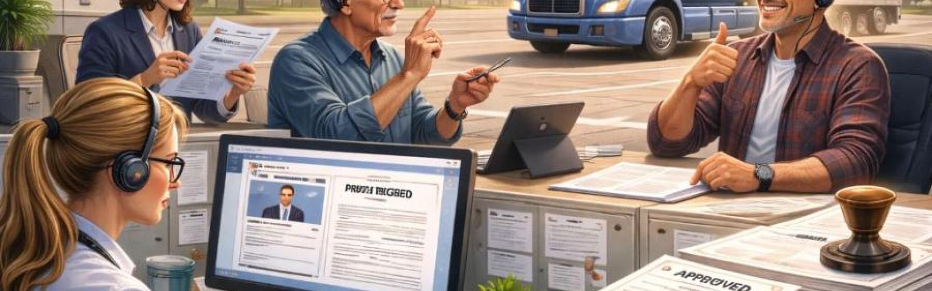 Office staff process paperwork and communicate using sign language while a commercial truck waits outside, representing administrative support for safe commercial driving.