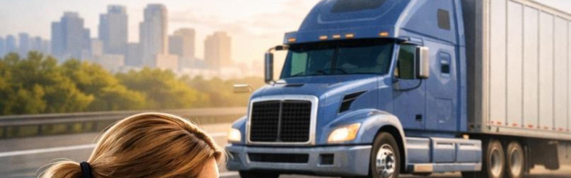 A healthcare professional reviews medical paperwork at a desk while a semi-truck drives along a highway in the background, symbolizing medical review and safe commercial driving.