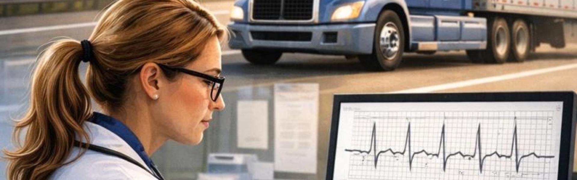 A healthcare professional reviews medical paperwork at a desk while a semi-truck drives along a highway in the background, symbolizing medical review and safe commercial driving.