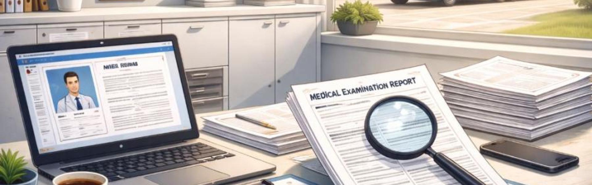 A clean office workspace with medical examination paperwork, a magnifying glass, and a laptop on a desk, with a commercial truck visible through a window, representing review and oversight of driver medical certifications.